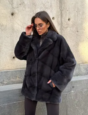 Полушубок норковый графит с английским воротником и манжетом