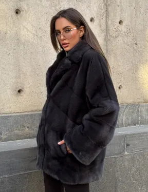Полушубок норковый графит с английским воротником и манжетом