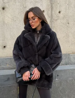 Полушубок норковый графит с английским воротником и манжетом