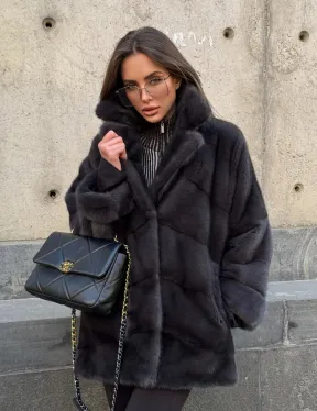 Полушубок норковый графит с английским воротником и манжетом