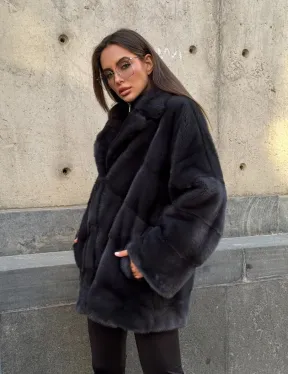 Полушубок норковый графит с английским воротником и манжетом