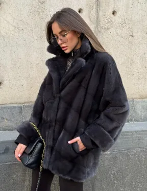 Полушубок норковый графит с английским воротником и манжетом