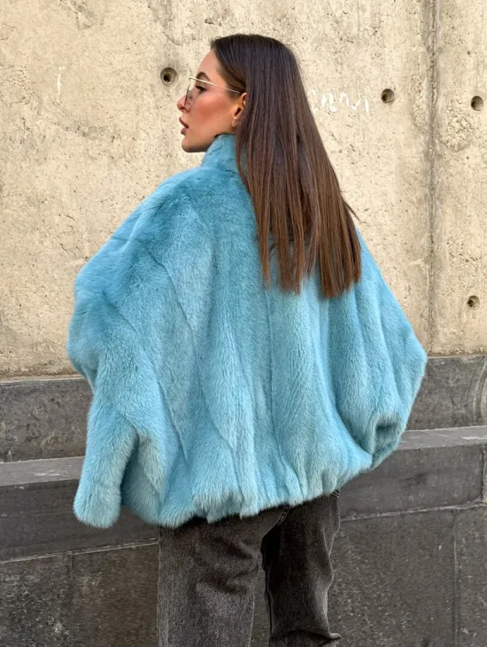 Норковая шуба летучка с V-образным воротником, цвет - тиффани