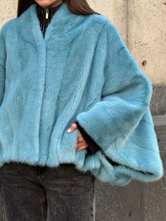 Норковая шуба летучка с V-образным воротником, цвет - тиффани