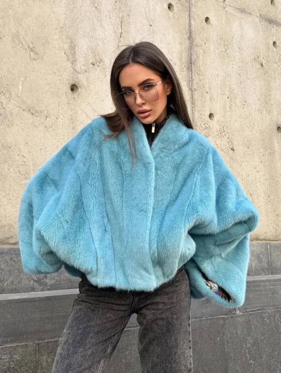 Норковая шуба летучка с V-образным воротником, цвет - тиффани