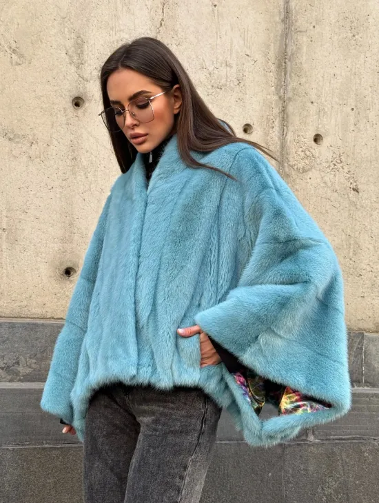 Норковая шуба летучка с V-образным воротником, цвет - тиффани