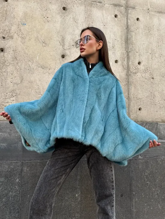 Норковая шуба летучка с V-образным воротником, цвет - тиффани