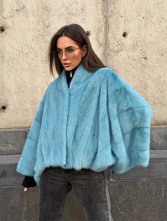 Норковая шуба летучка с V-образным воротником, цвет - тиффани