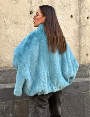 Норковая шуба летучка с V-образным воротником, цвет - тиффани