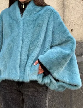 Норковая шуба летучка с V-образным воротником, цвет - тиффани