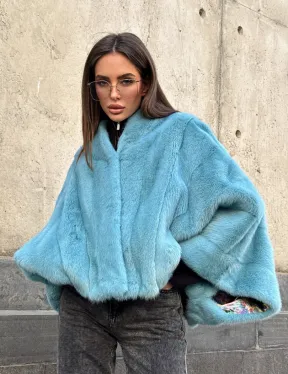 Норковая шуба летучка с V-образным воротником, цвет - тиффани