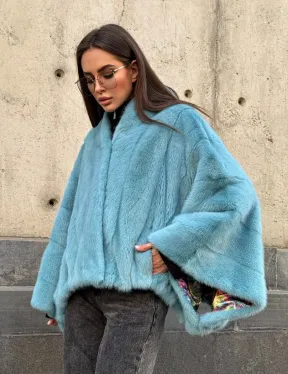 Норковая шуба летучка с V-образным воротником, цвет - тиффани