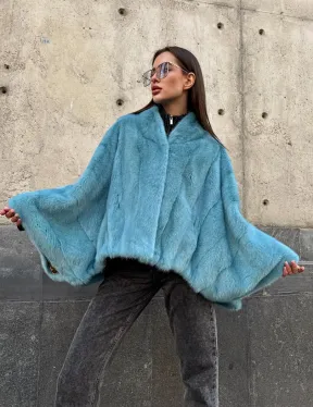 Норковая шуба летучка с V-образным воротником, цвет - тиффани