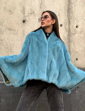 Норковая шуба летучка с V-образным воротником, цвет - тиффани