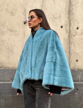 Норковая шуба летучка с V-образным воротником, цвет - тиффани