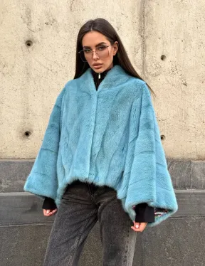 Норковая шуба летучка с V-образным воротником, цвет - тиффани