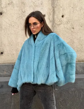 Норковая шуба летучка с V-образным воротником, цвет - тиффани