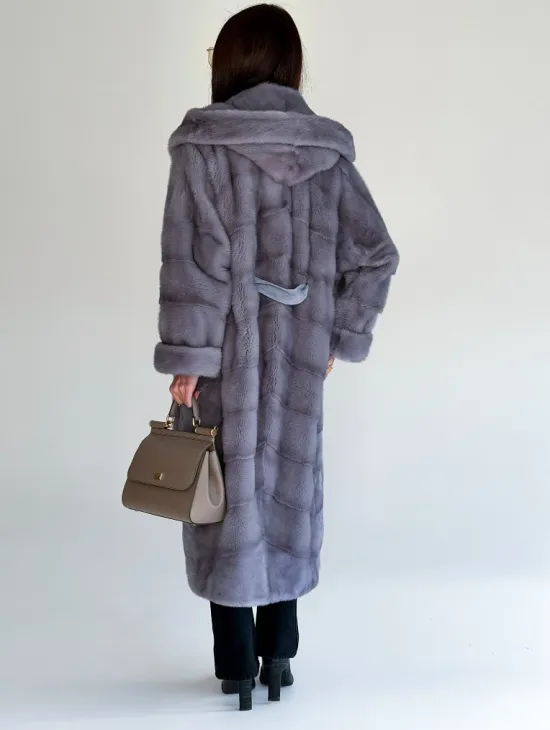 Удлиненная норковая шуба - кимоно с капюшоном