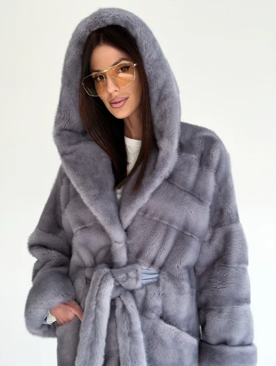 Удлиненная норковая шуба - кимоно с капюшоном