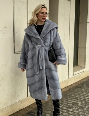 Удлиненная норковая шуба - кимоно с капюшоном