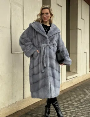 Удлиненная норковая шуба - кимоно с капюшоном