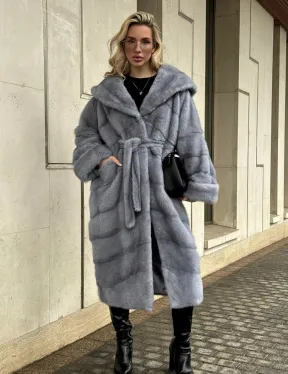 Удлиненная норковая шуба - кимоно с капюшоном