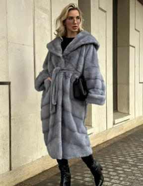 Удлиненная норковая шуба - кимоно с капюшоном