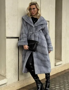 Удлиненная норковая шуба - кимоно с капюшоном