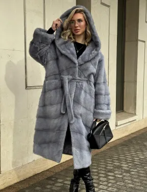 Удлиненная норковая шуба - кимоно с капюшоном