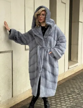 Удлиненная норковая шуба - кимоно с капюшоном