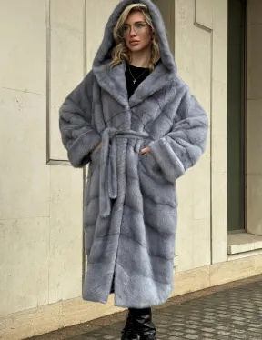 Удлиненная норковая шуба - кимоно с капюшоном
