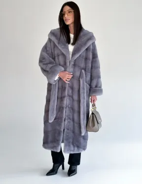Удлиненная норковая шуба - кимоно с капюшоном