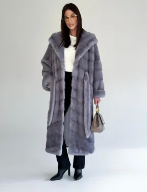 Удлиненная норковая шуба - кимоно с капюшоном