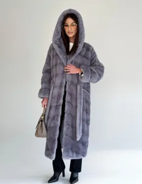 Удлиненная норковая шуба - кимоно с капюшоном