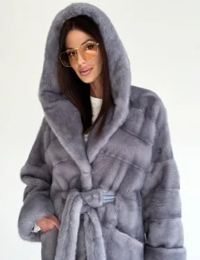 Удлиненная норковая шуба - кимоно с капюшоном