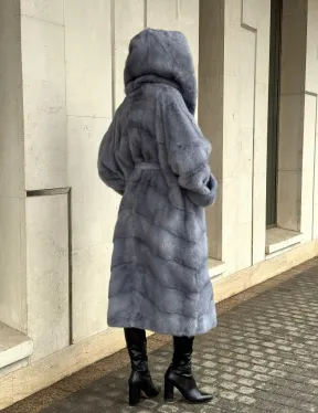 Удлиненная норковая шуба - кимоно с капюшоном