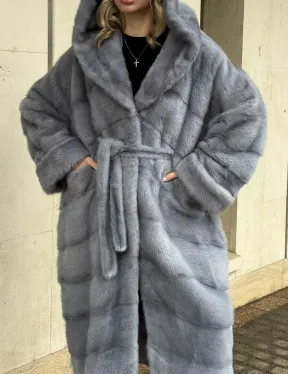 Удлиненная норковая шуба - кимоно с капюшоном