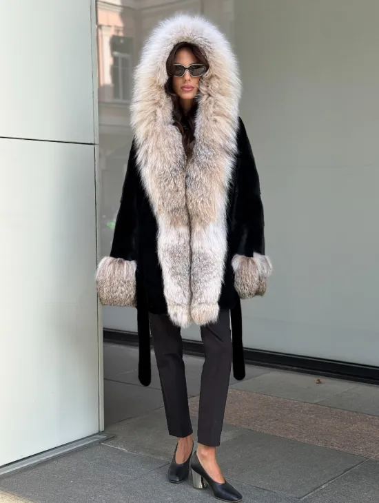 Черная норковая шуба PREMIUM COLLECTION с отделкой из меха канадской рыси