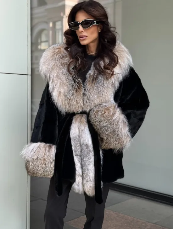 Черная норковая шуба PREMIUM COLLECTION с отделкой из меха канадской рыси