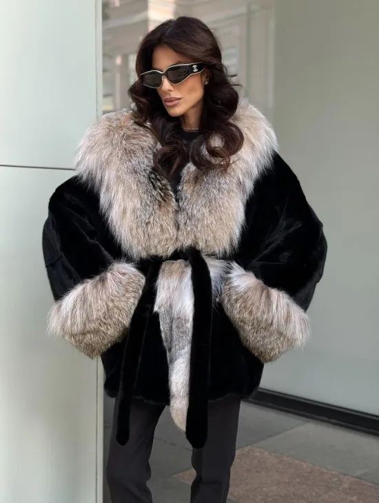Черная норковая шуба PREMIUM COLLECTION с отделкой из меха канадской рыси
