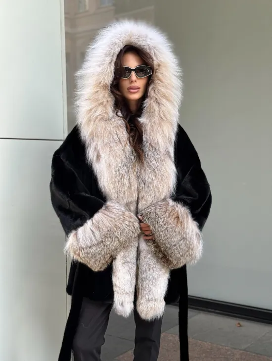 Черная норковая шуба PREMIUM COLLECTION с отделкой из меха канадской рыси