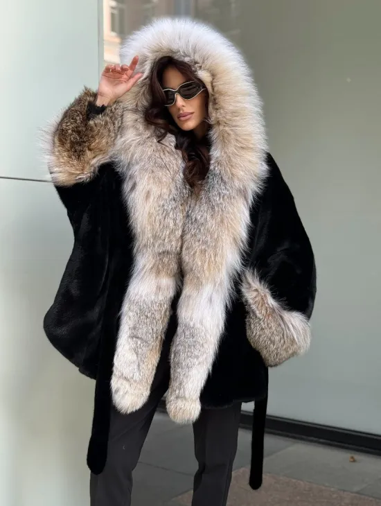 Черная норковая шуба PREMIUM COLLECTION с отделкой из меха канадской рыси