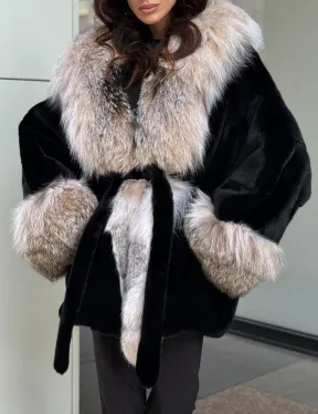 Черная норковая шуба PREMIUM COLLECTION с отделкой из меха канадской рыси