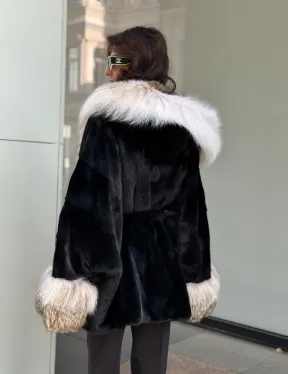 Черная норковая шуба PREMIUM COLLECTION с отделкой из меха канадской рыси