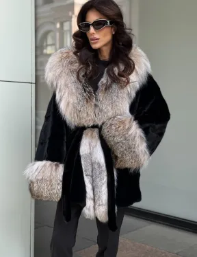 Черная норковая шуба PREMIUM COLLECTION с отделкой из меха канадской рыси