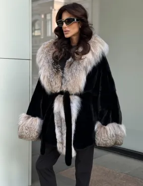 Черная норковая шуба PREMIUM COLLECTION с отделкой из меха канадской рыси