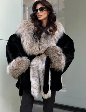Черная норковая шуба PREMIUM COLLECTION с отделкой из меха канадской рыси