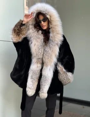 Черная норковая шуба PREMIUM COLLECTION с отделкой из меха канадской рыси
