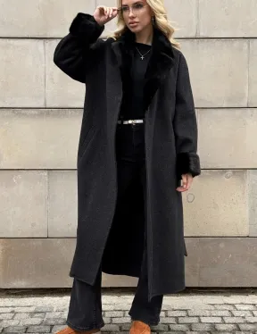 Женское демисезонное шерстяное пальто-халат с отделкой из меха норки