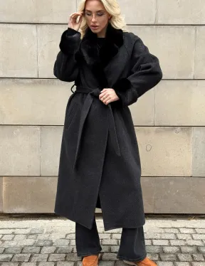 Женское демисезонное шерстяное пальто-халат с отделкой из меха норки